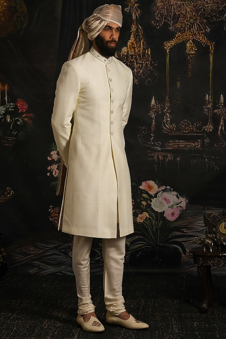 Serenity Cream Handwoven Raw Silk Groom Sherwani Set by Punit Arora at Pernia's Pop Up Shop