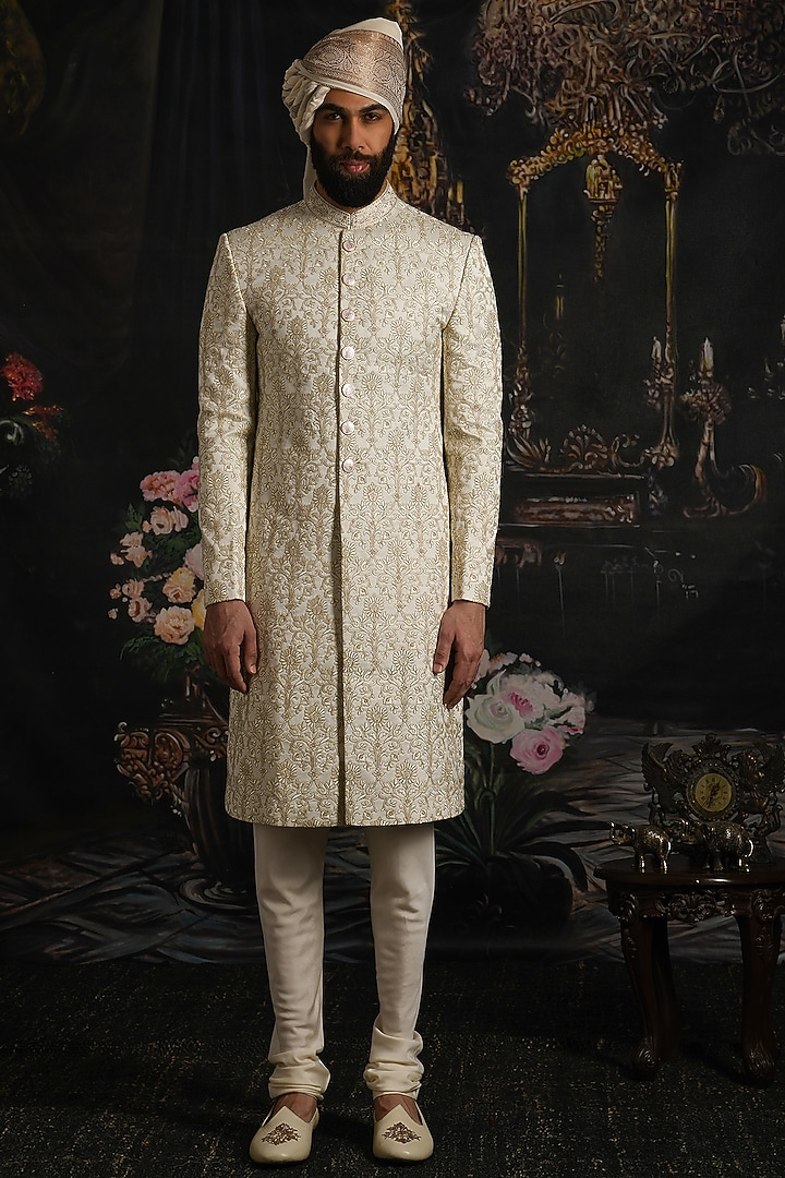 Opal Elegance Cream Silk Embroidered Groom Sherwani Set by Punit Arora at Pernia's Pop Up Shop