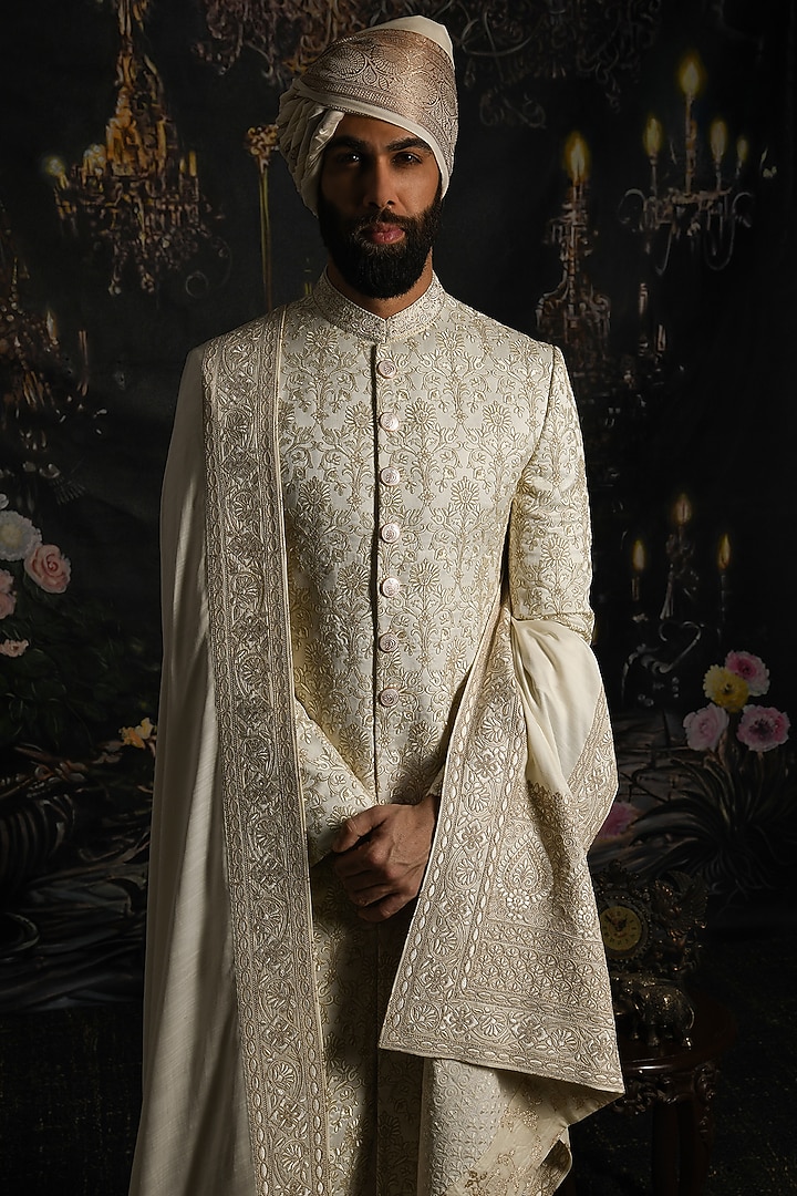 Opal Elegance Cream Silk Embroidered Groom Sherwani Set by Punit Arora at Pernia's Pop Up Shop