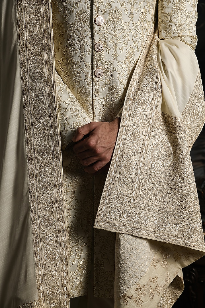 Opal Elegance Cream Silk Embroidered Groom Sherwani Set by Punit Arora at Pernia's Pop Up Shop