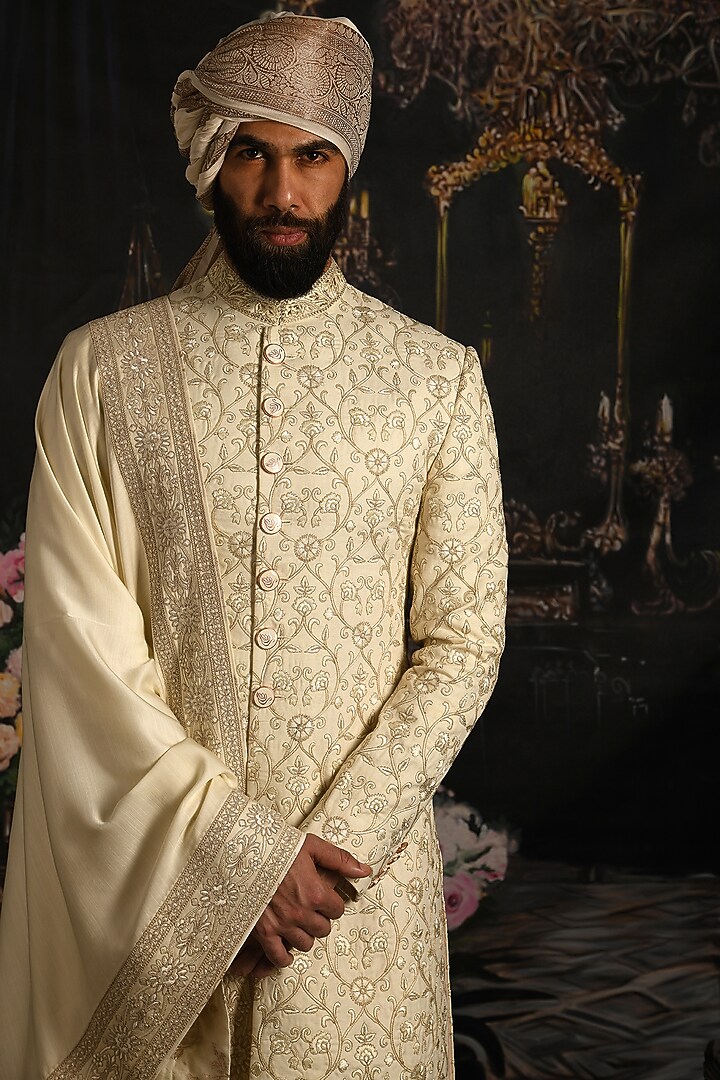Timeless Cream Handloom Silk Embroidered Groom Sherwani Set by Punit Arora at Pernia's Pop Up Shop