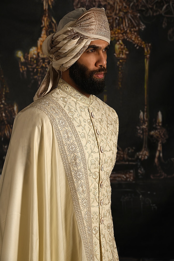 Timeless Cream Handloom Silk Embroidered Groom Sherwani Set by Punit Arora at Pernia's Pop Up Shop