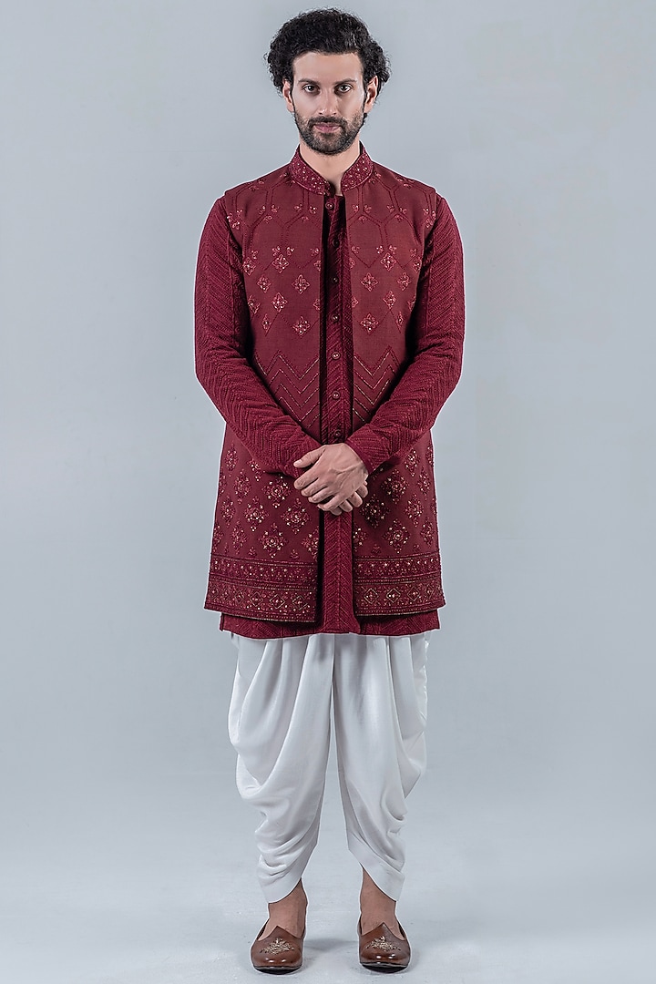 Royal Maroon Matka Silk Indowestern Jacket With Kurta Set by Punit Arora