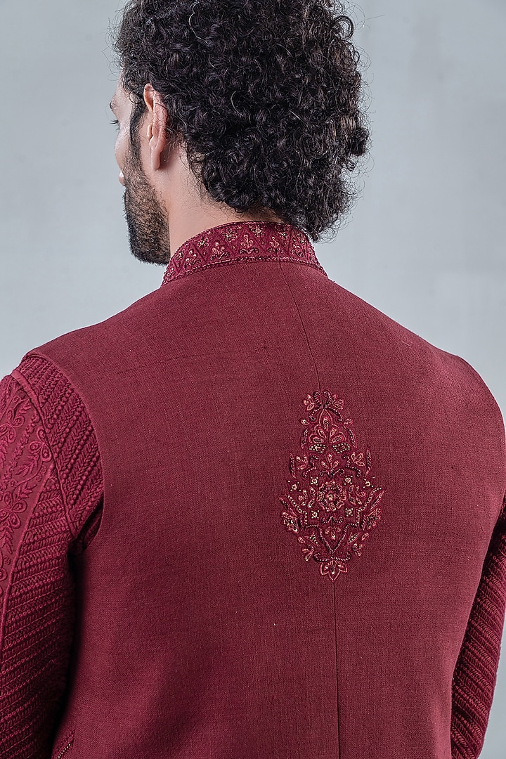 Royal Maroon Matka Silk Wedding Indowestern Set by Punit Arora at Pernia's Pop Up Shop