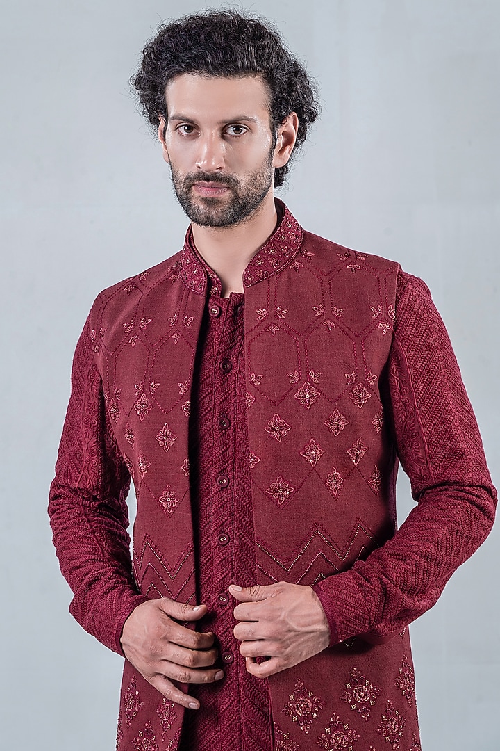 Royal Maroon Matka Silk Wedding Indowestern Set by Punit Arora at Pernia's Pop Up Shop