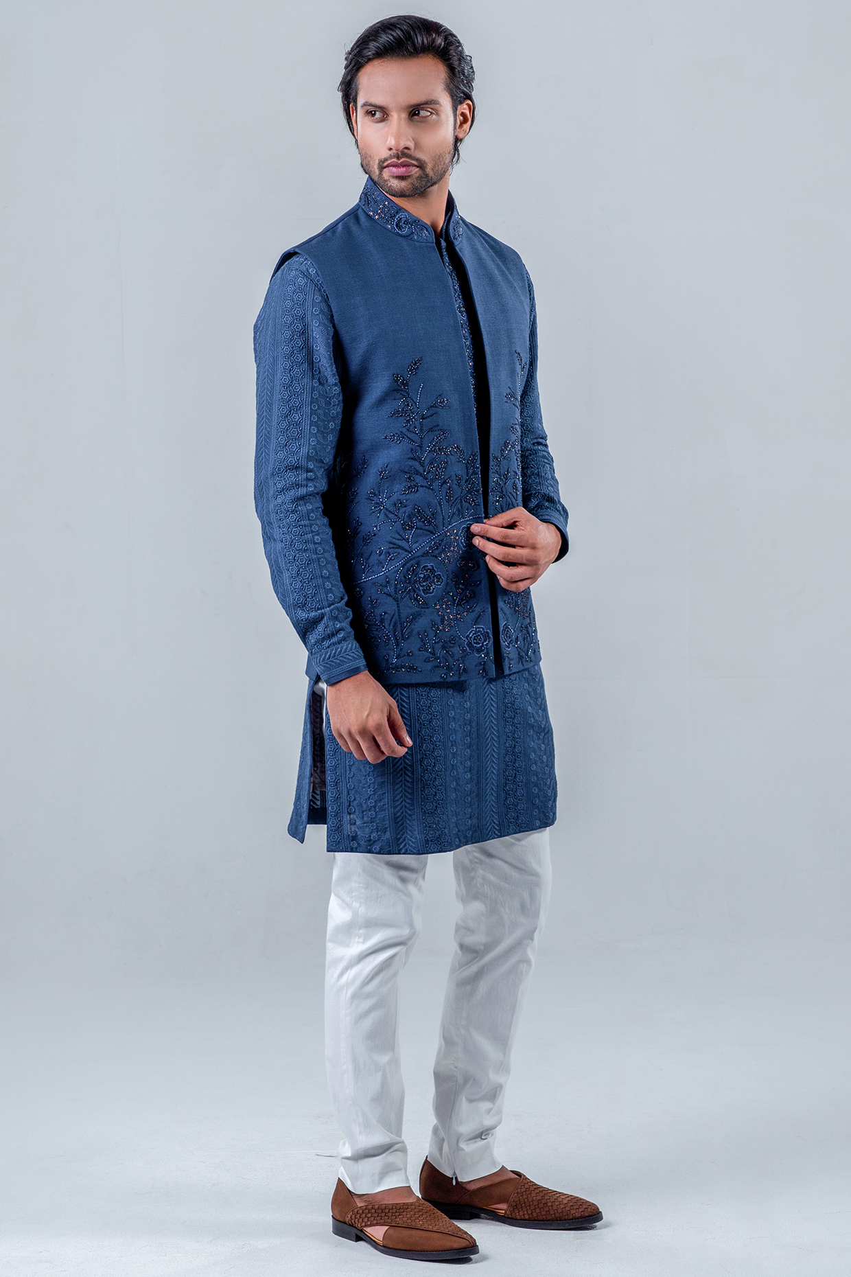 Sapphire Blue Matka Silk Indowestern Set by Punit Arora