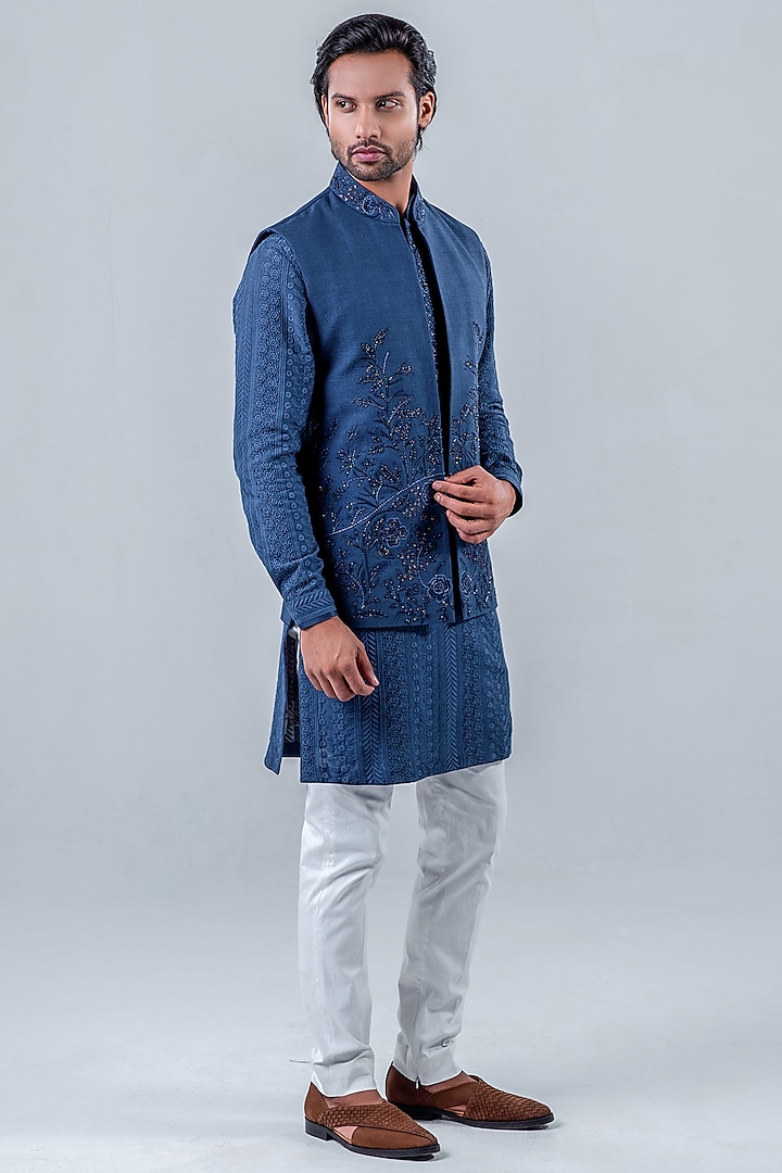 Navy Blue Matka Silk Jacket Set by Punit Arora