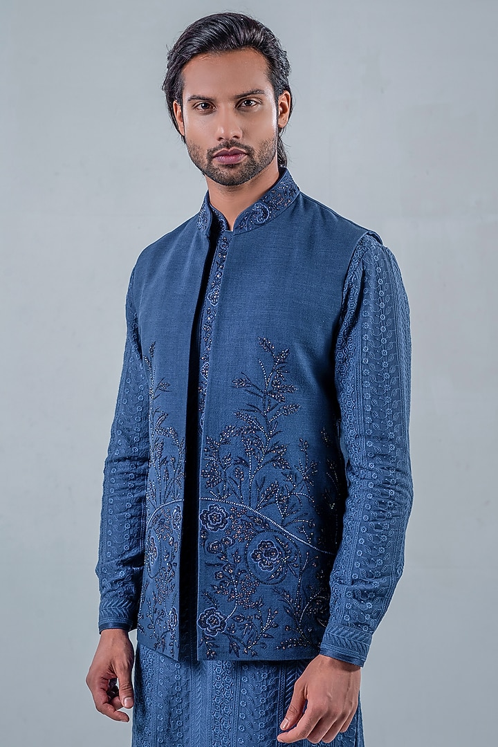 Sapphire Blue Matka Silk Wedding Indowestern Set by Punit Arora at Pernia's Pop Up Shop