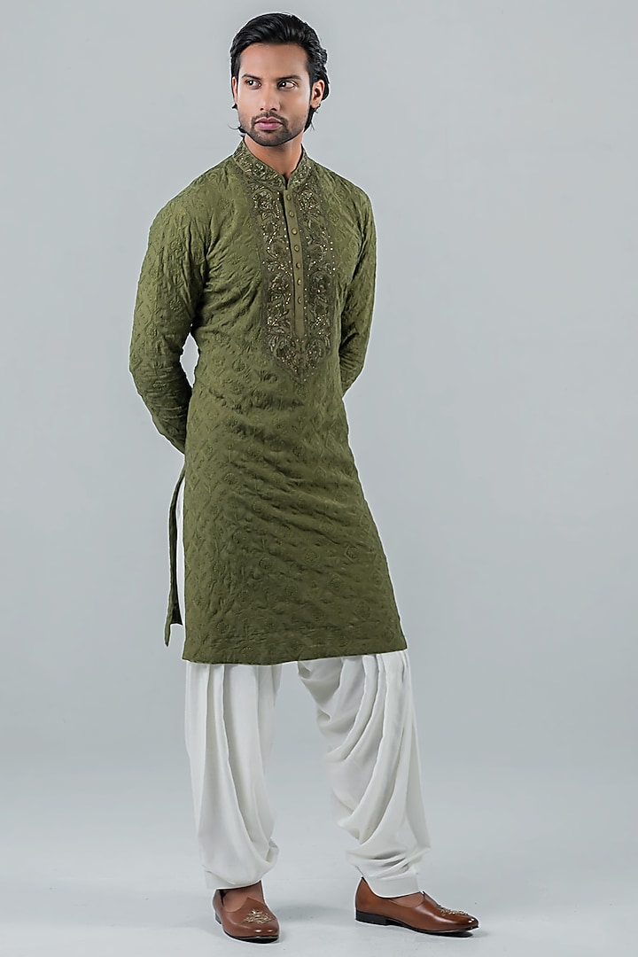 Moss Green Modal Kurta Set by Punit Arora at Pernia's Pop Up Shop