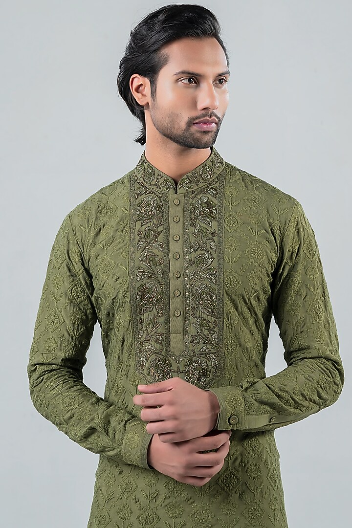 Moss Green Modal Kurta Set by Punit Arora at Pernia's Pop Up Shop