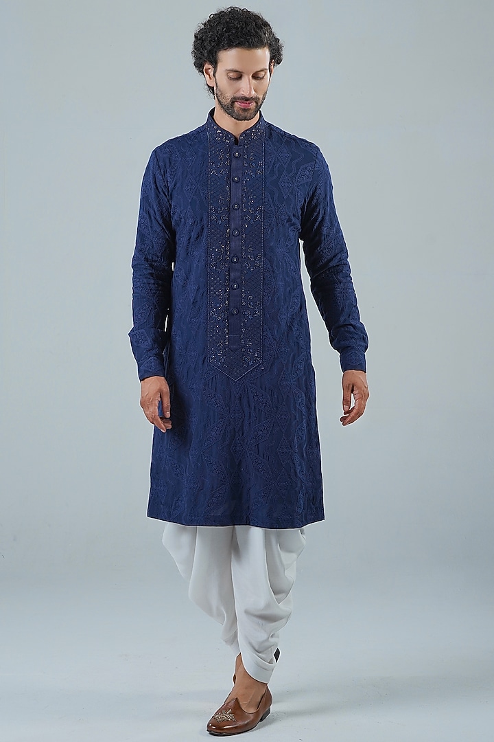 Navy Blue Modal Kurta Set by Punit Arora at Pernia's Pop Up Shop
