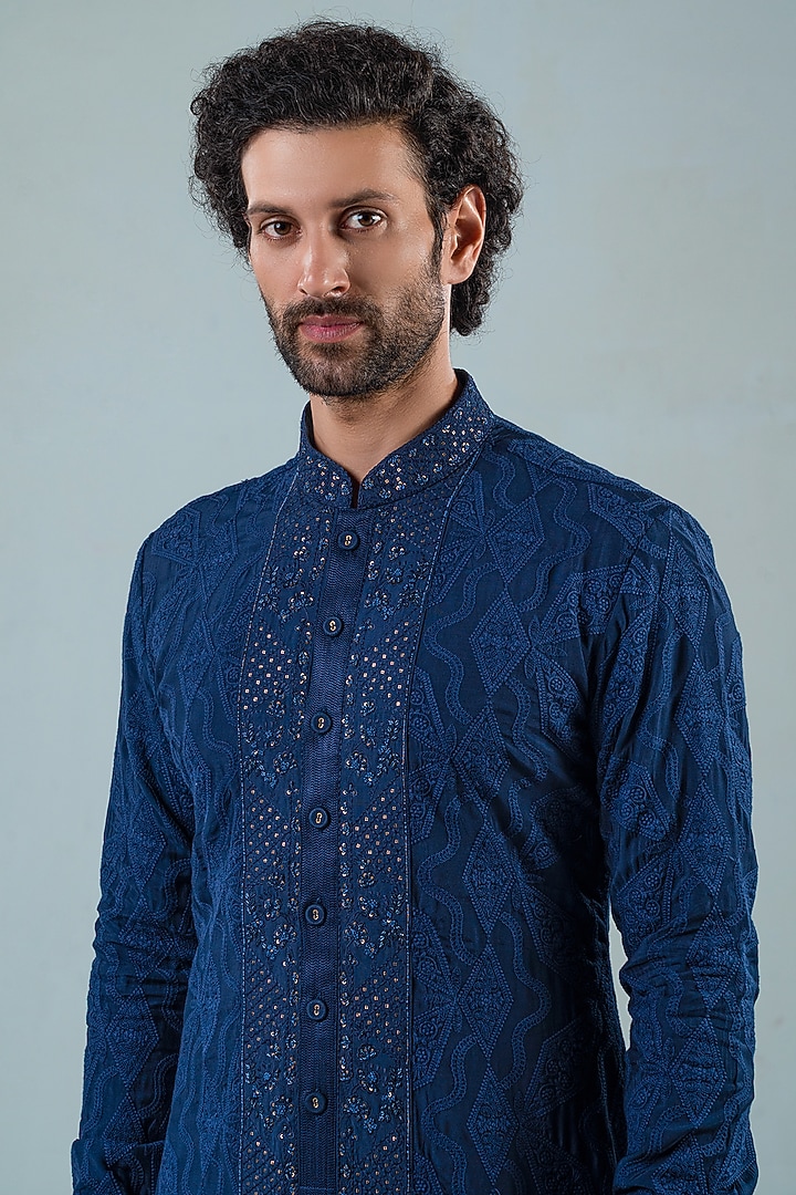 Navy Blue Modal Kurta Set by Punit Arora at Pernia's Pop Up Shop