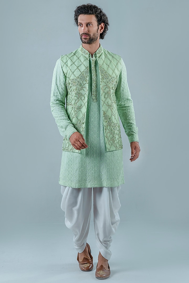 Mint Green Matka Silk Jacket Set by Punit Arora