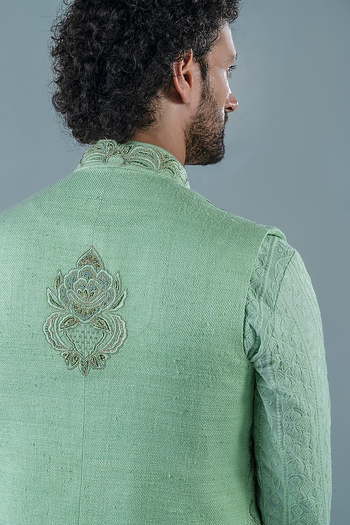 Mint Green Matka Silk Jacket Set by Punit Arora at Pernia's Pop Up Shop