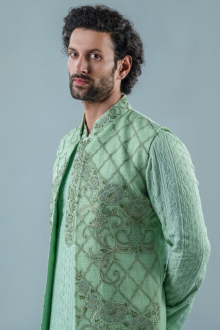 Mint Green Matka Silk Jacket Set by Punit Arora at Pernia's Pop Up Shop