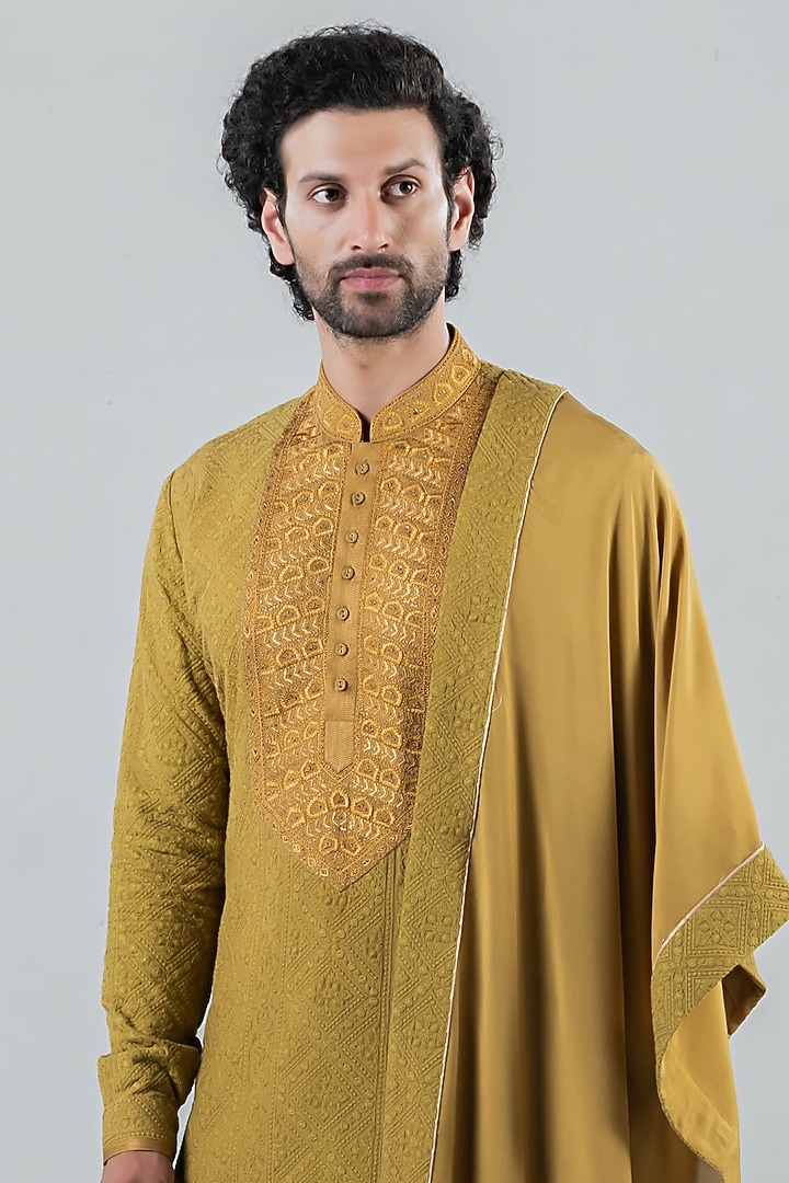 Olive Green Modal Kurta Set by Punit Arora at Pernia's Pop Up Shop