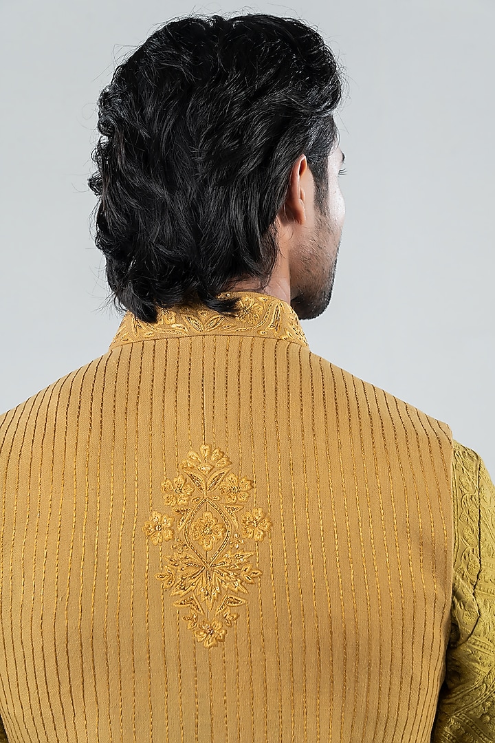Olive Green Matka Silk Wedding Indowestern Set by Punit Arora at Pernia's Pop Up Shop