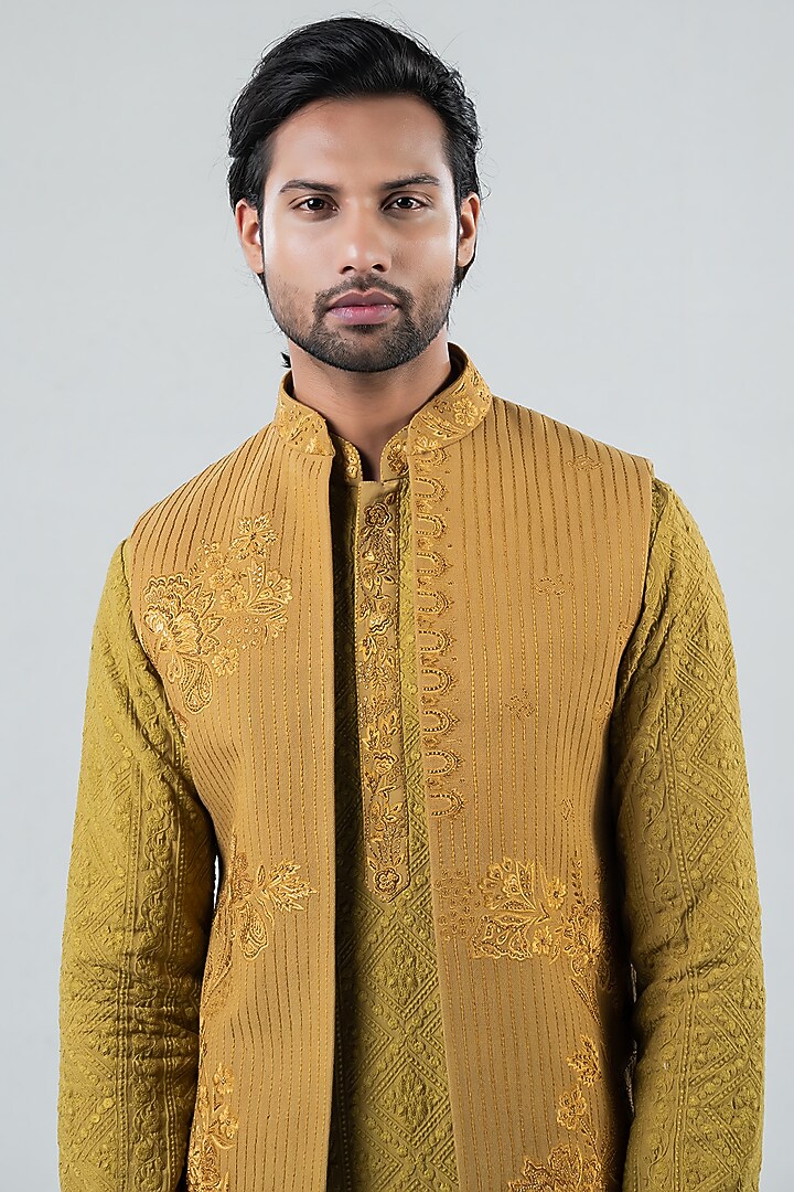 Olive Green Matka Silk Wedding Indowestern Set by Punit Arora at Pernia's Pop Up Shop