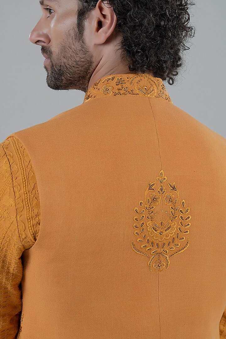 Mustard Matka Silk Wedding Indowestern Jacket Set by Punit Arora at Pernia's Pop Up Shop