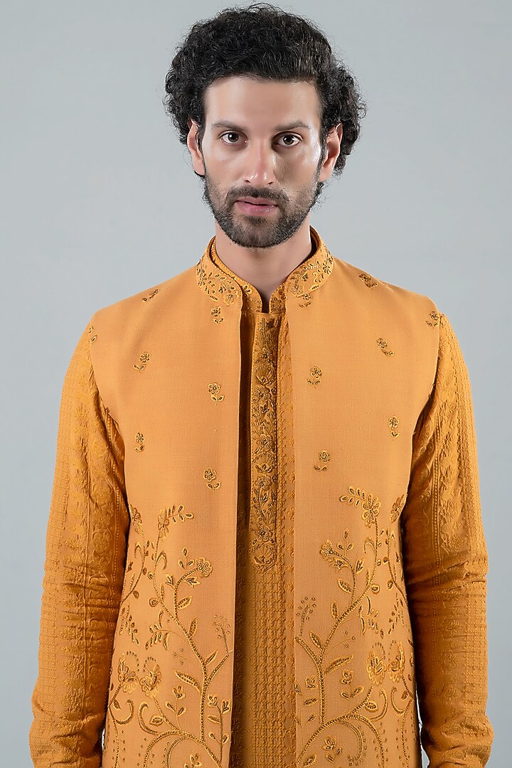 Mustard Matka Silk Wedding Indowestern Jacket Set by Punit Arora at Pernia's Pop Up Shop