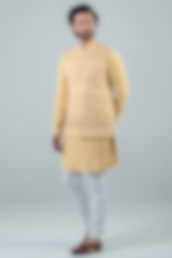 Beige Yellow Embroidered Bundi Jacket With Kurta Set by Punit Arora