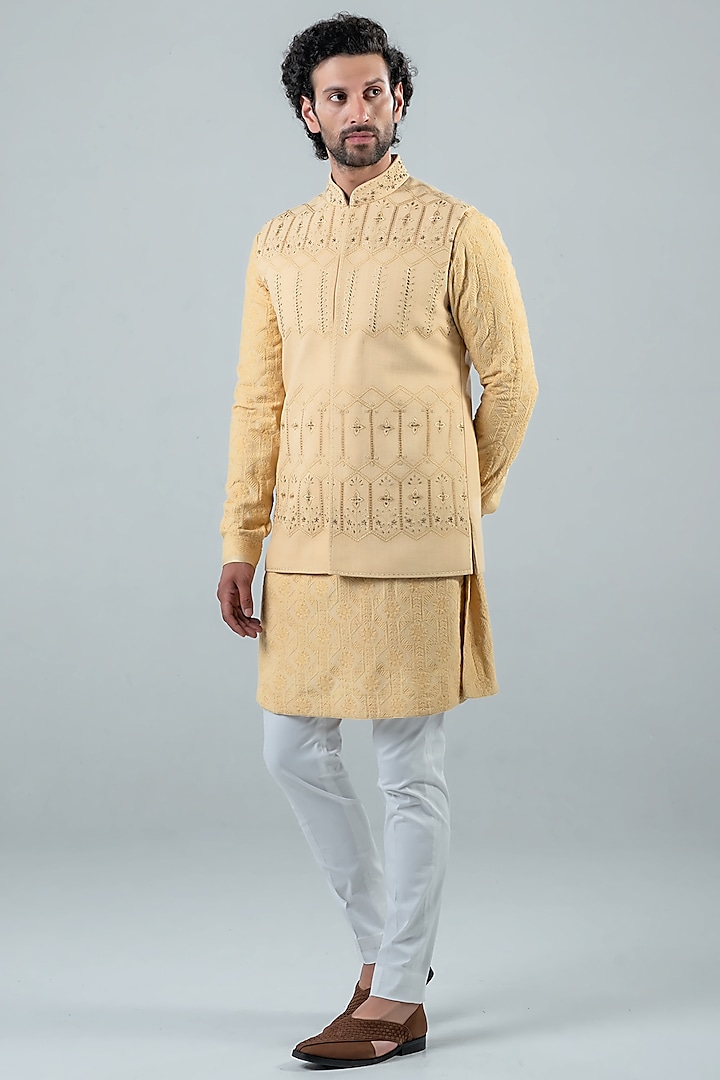 Beige Yellow Embroidered Bundi Jacket With Kurta Set by Punit Arora