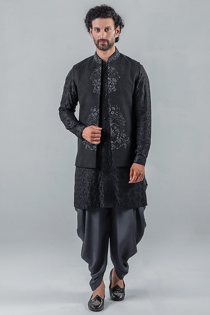 Black Silk Bundi Jacket Set by Punit Arora