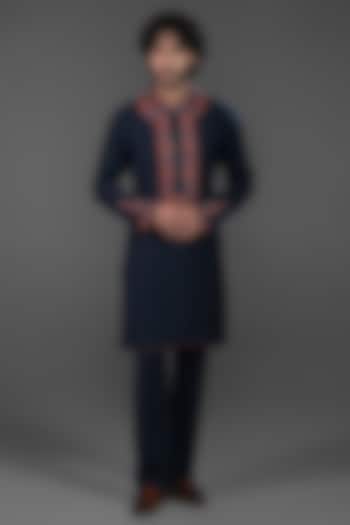 Deep Indigo Blue Cotton Silk Blend Embroidered Kurta Set by Punit Arora at Pernia's Pop Up Shop