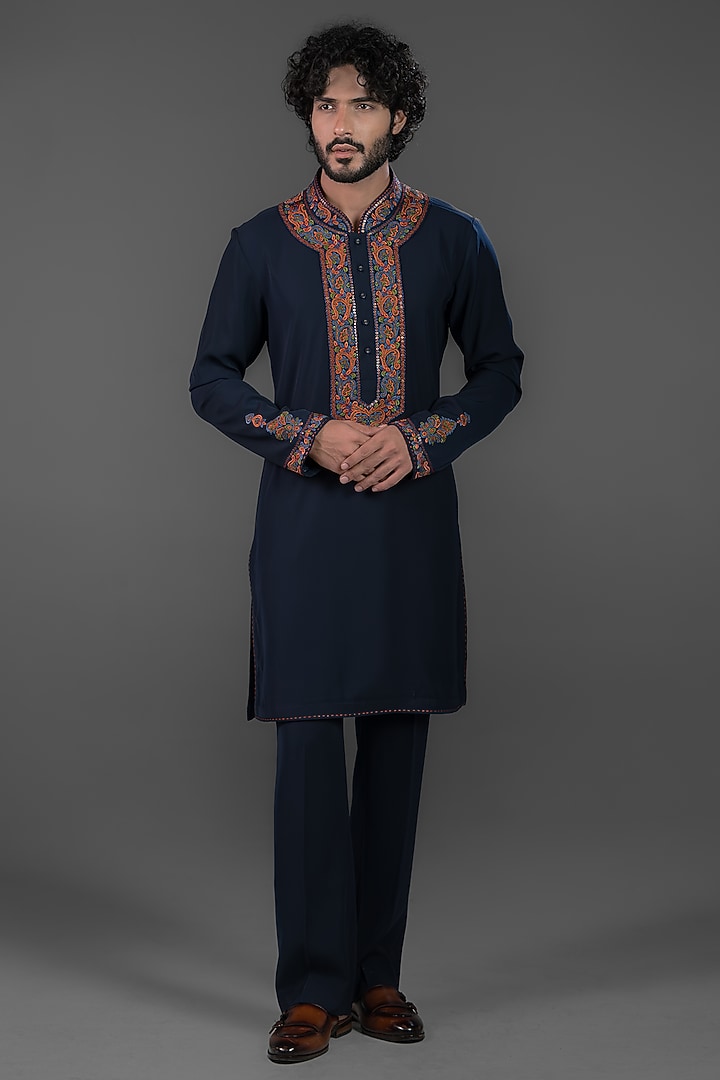 Deep Indigo Blue Cotton Silk Blend Embroidered Kurta Set by Punit Arora at Pernia's Pop Up Shop
