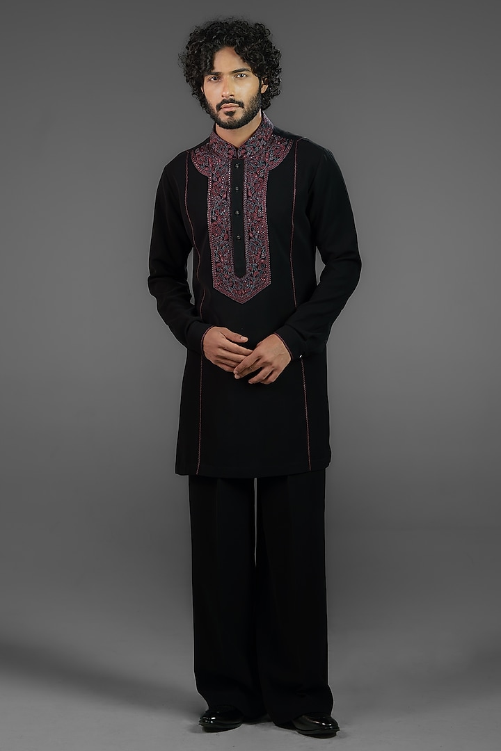 Noir Black Cotton Silk Blend Embroidered Kurta Set by Punit Arora at Pernia's Pop Up Shop