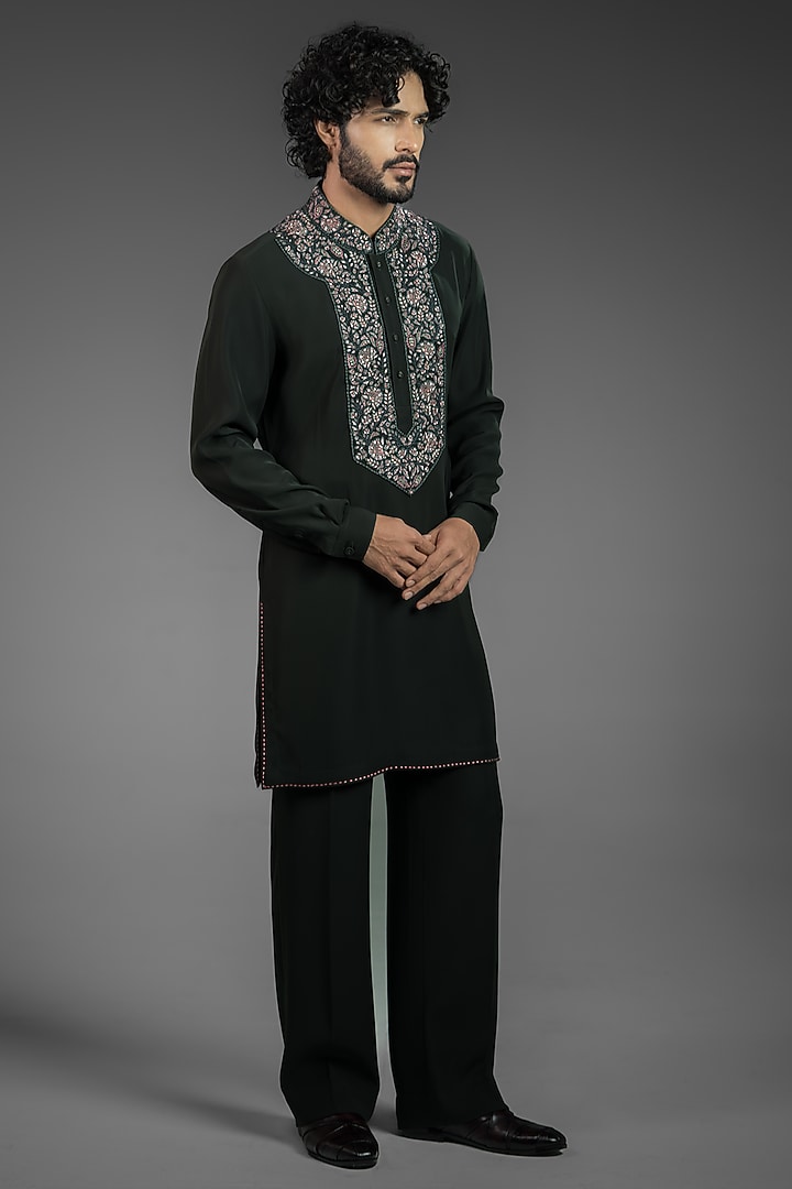 Dark Emerald Green Cotton Silk Blend Embroidered Kurta Set by Punit Arora at Pernia's Pop Up Shop