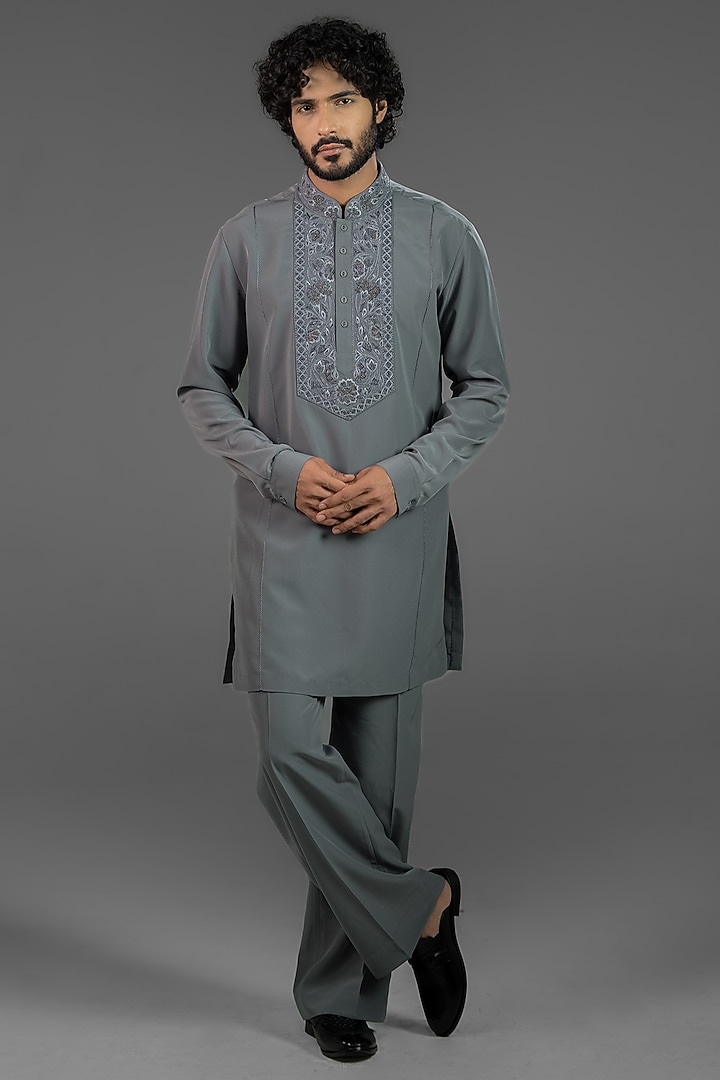 Slate Grey Cotton Silk Blend Embroidered Kurta Set by Punit Arora at Pernia's Pop Up Shop