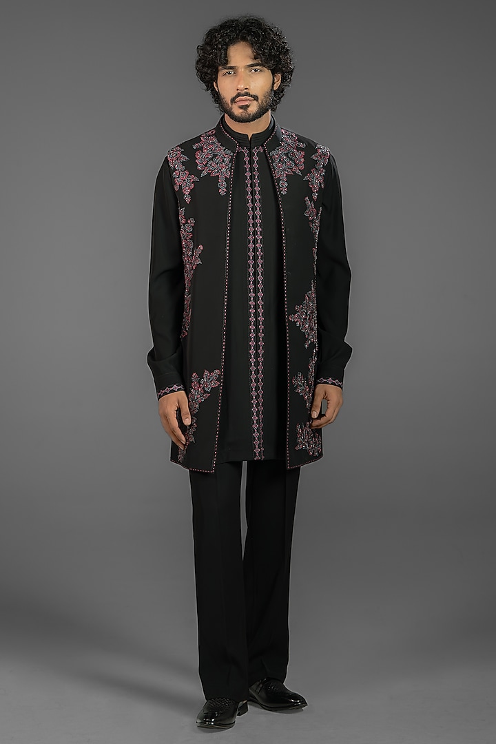 Deep Black Cotton Silk Blend Embroidered Bundi Jacket Set by Punit Arora at Pernia's Pop Up Shop