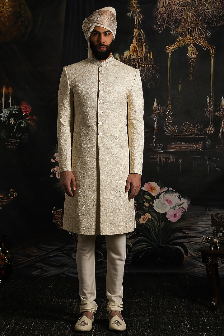 Brilliant Ivory Silk Embroidered Groom Sherwani Set by Punit Arora at Pernia's Pop Up Shop