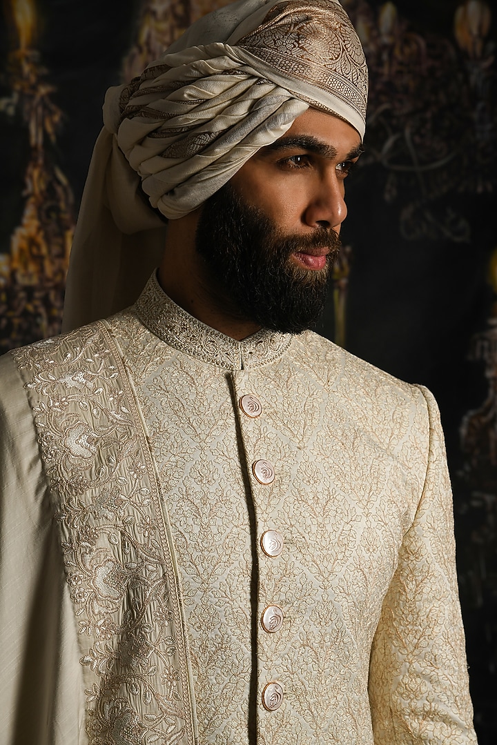 Brilliant Ivory Silk Embroidered Groom Sherwani Set by Punit Arora at Pernia's Pop Up Shop