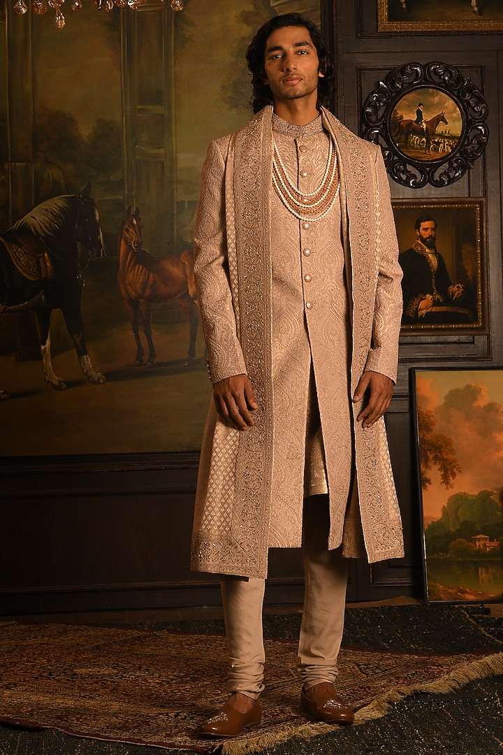 Rose Taupe Silk Thread Work Embroidered Groom Sherwani Set by Punit Arora at Pernia's Pop Up Shop