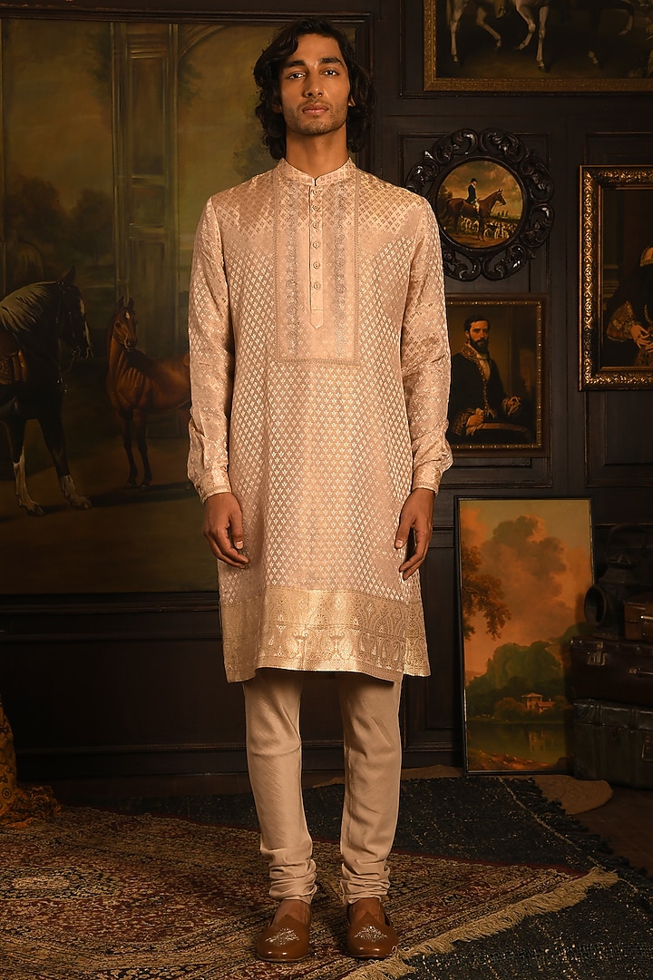 Rose Taupe Silk Thread Work Embroidered Groom Sherwani Set by Punit Arora at Pernia's Pop Up Shop