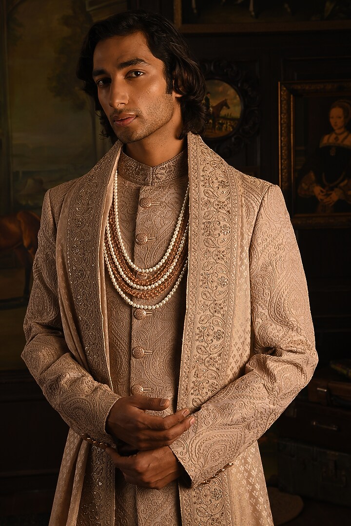 Rose Taupe Silk Thread Work Embroidered Groom Sherwani Set by Punit Arora at Pernia's Pop Up Shop