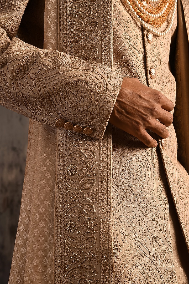 Rose Taupe Silk Thread Work Embroidered Groom Sherwani Set by Punit Arora at Pernia's Pop Up Shop