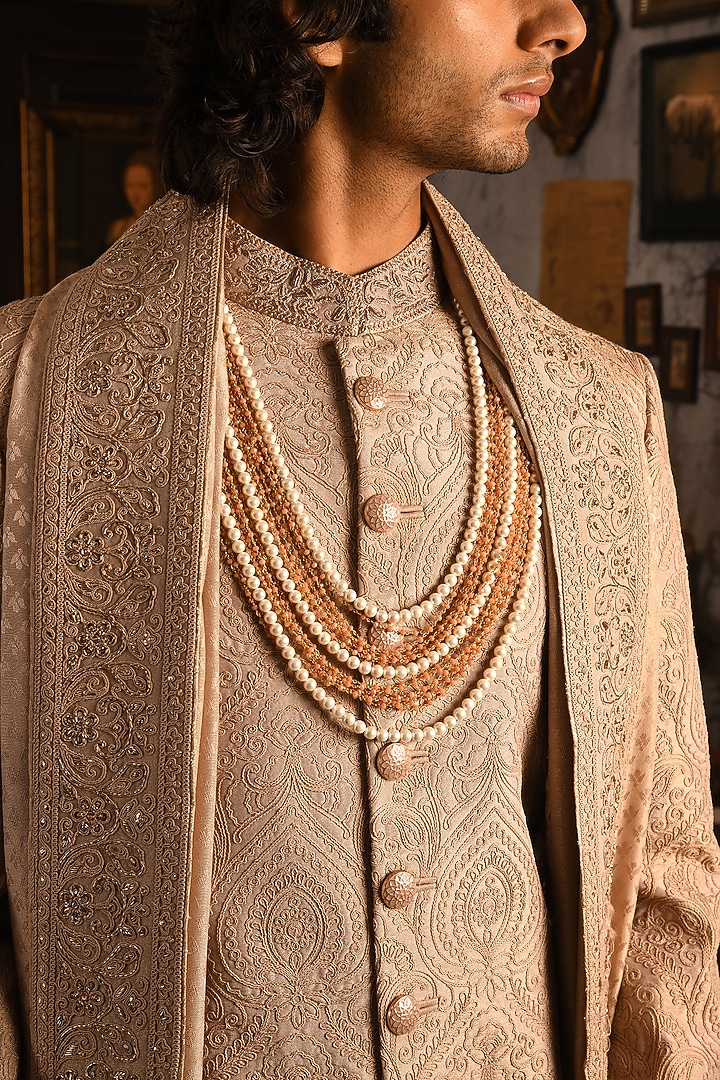 Rose Taupe Silk Thread Work Embroidered Groom Sherwani Set by Punit Arora at Pernia's Pop Up Shop