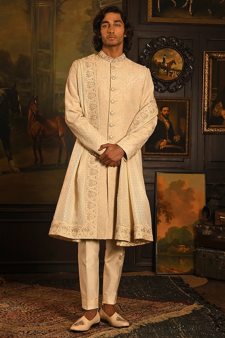 Sandstone Silk Zardosi Hand Embroidered Groom Sherwani Set by Punit Arora at Pernia's Pop Up Shop