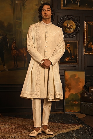 Sandstone Silk Zardosi Hand Embroidered Sherwani Set by Punit Arora