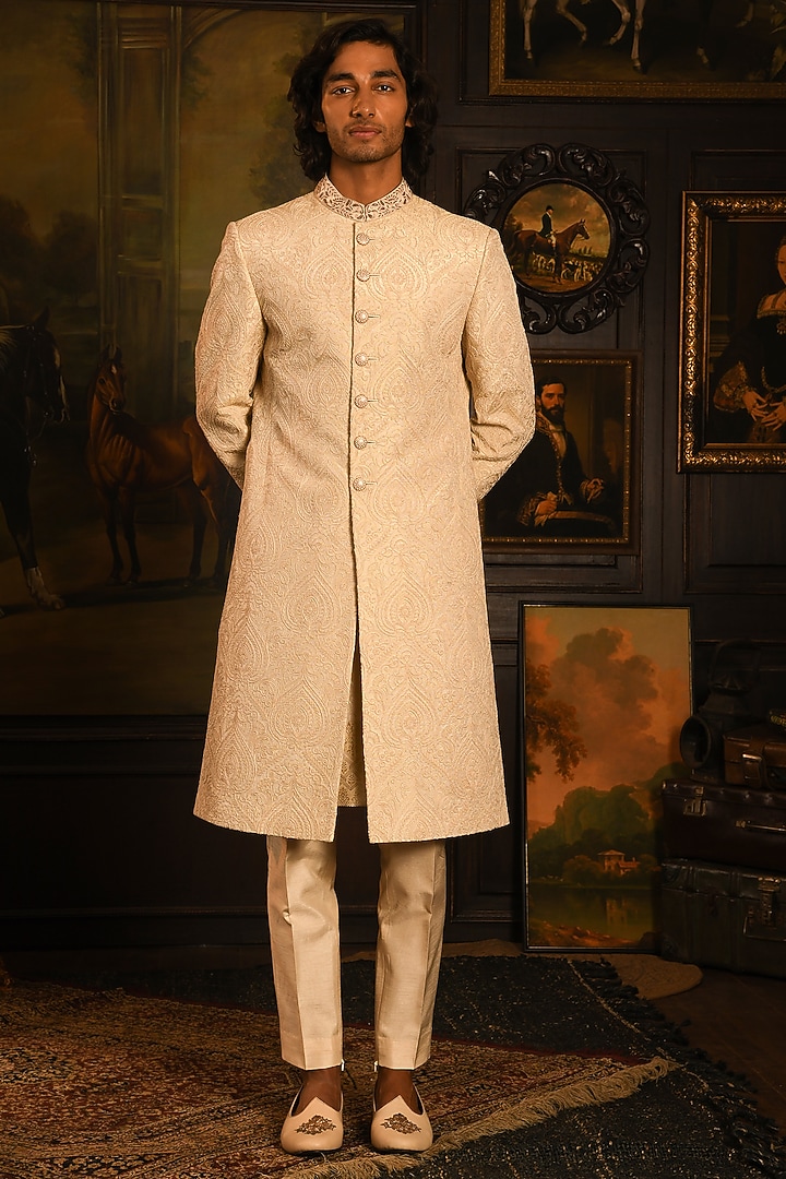 Sandstone Silk Zardosi Hand Embroidered Groom Sherwani Set by Punit Arora at Pernia's Pop Up Shop