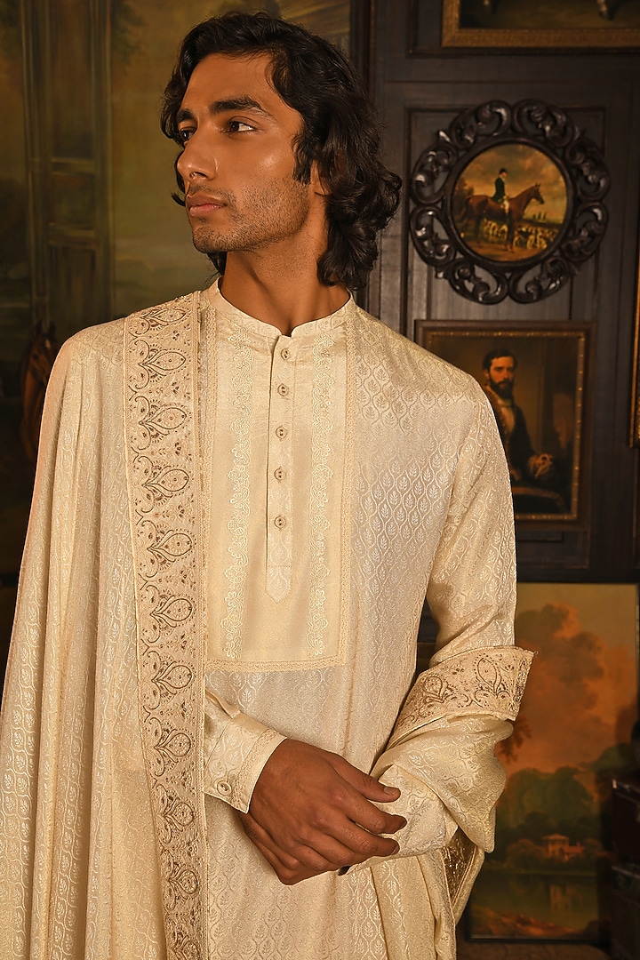 Sandstone Silk Zardosi Hand Embroidered Groom Sherwani Set by Punit Arora at Pernia's Pop Up Shop