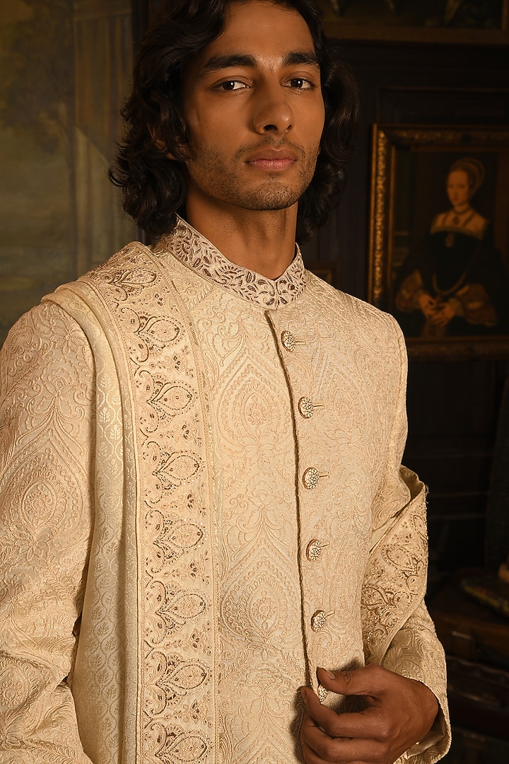 Sandstone Silk Zardosi Hand Embroidered Groom Sherwani Set by Punit Arora at Pernia's Pop Up Shop