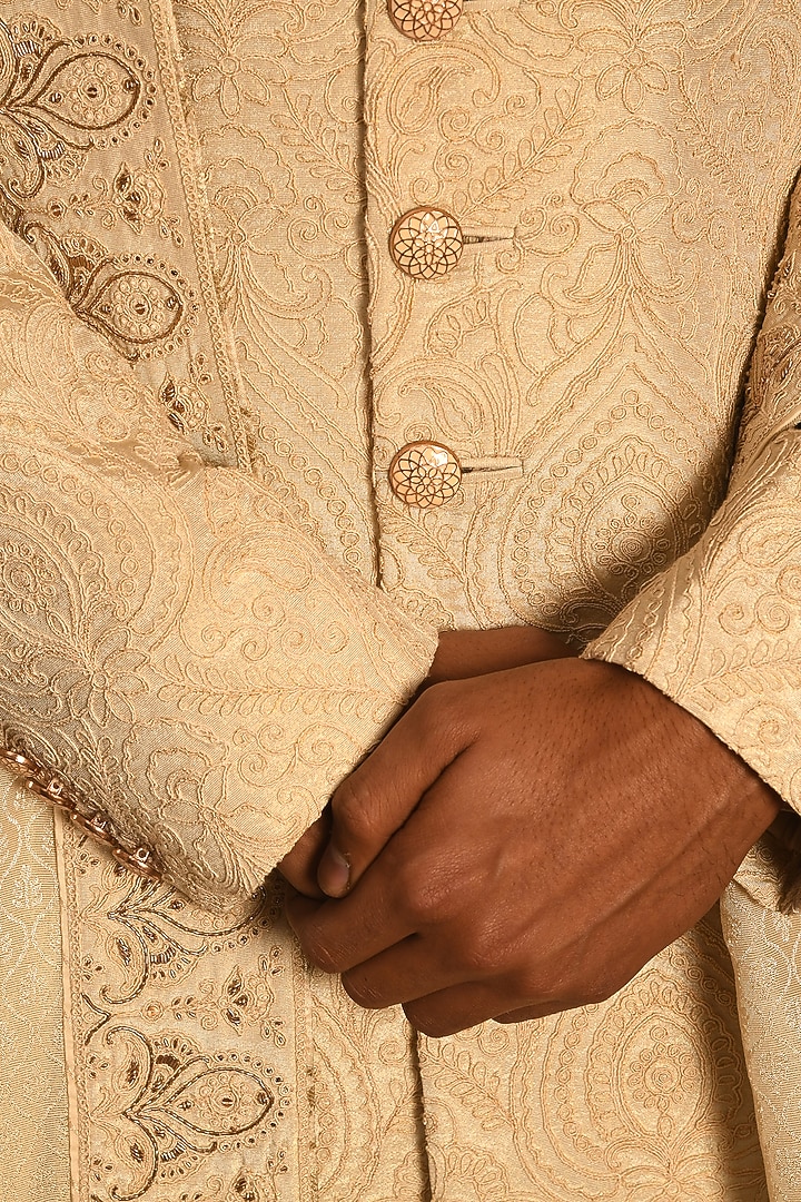 Sandstone Silk Zardosi Hand Embroidered Groom Sherwani Set by Punit Arora at Pernia's Pop Up Shop