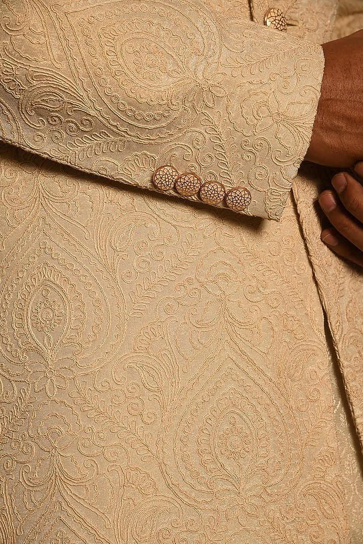 Sandstone Silk Zardosi Hand Embroidered Groom Sherwani Set by Punit Arora at Pernia's Pop Up Shop