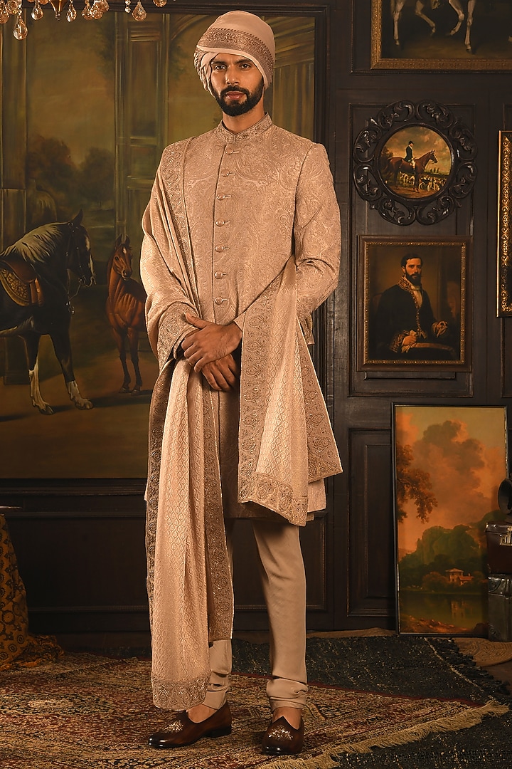 Dusty Rose Silk Zardosi Hand Embroidered Groom Sherwani Set by Punit Arora at Pernia's Pop Up Shop