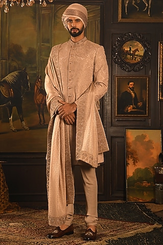 Dusty Rose Silk Zardosi Hand Embroidered Sherwani Set by Punit Arora