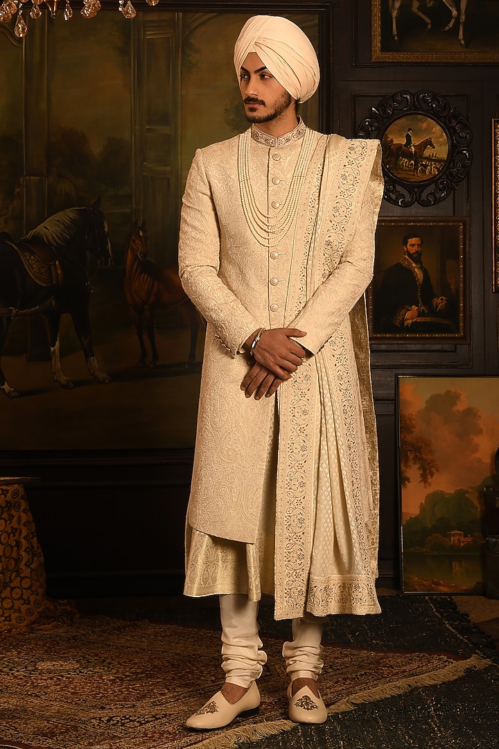Sandstone Silk Zardosi Hand Embroidered Groom Sherwani Set by Punit Arora at Pernia's Pop Up Shop